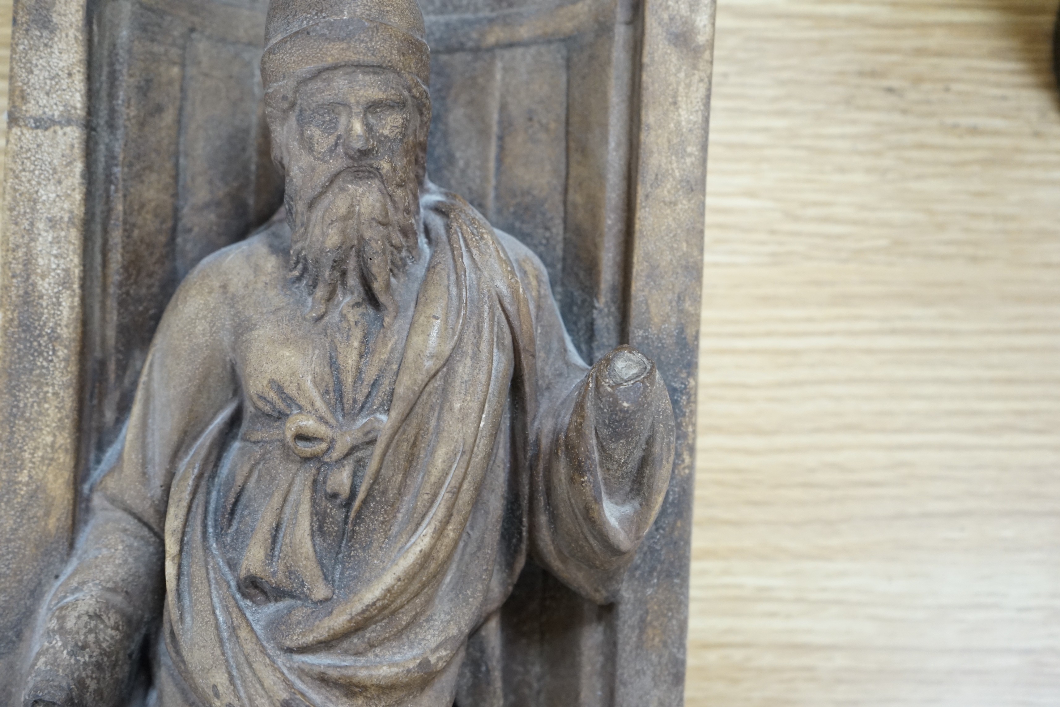 A religious cast plaster figure in niche, numbered 2362. 53cm tall